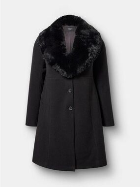 Torrid Black Faux Fur Collar Fit Flare Coat 3X‎ Removable Collar Longline Jacket